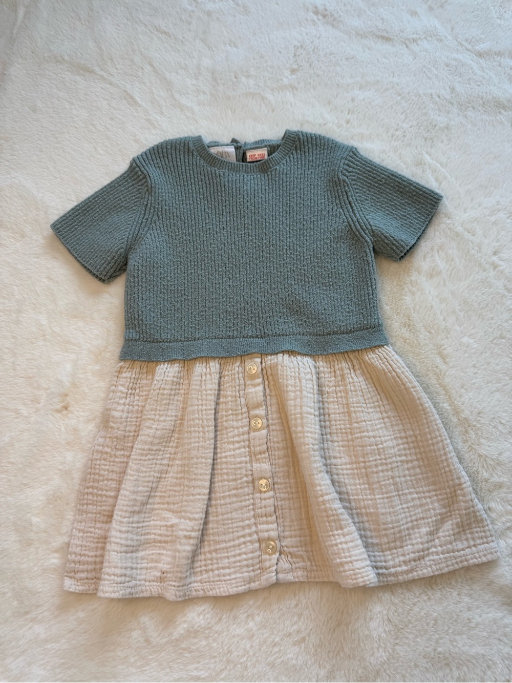 Zara Kids Two-Tone Knit Top & Gauze Skirt Dress in Sage and Cream